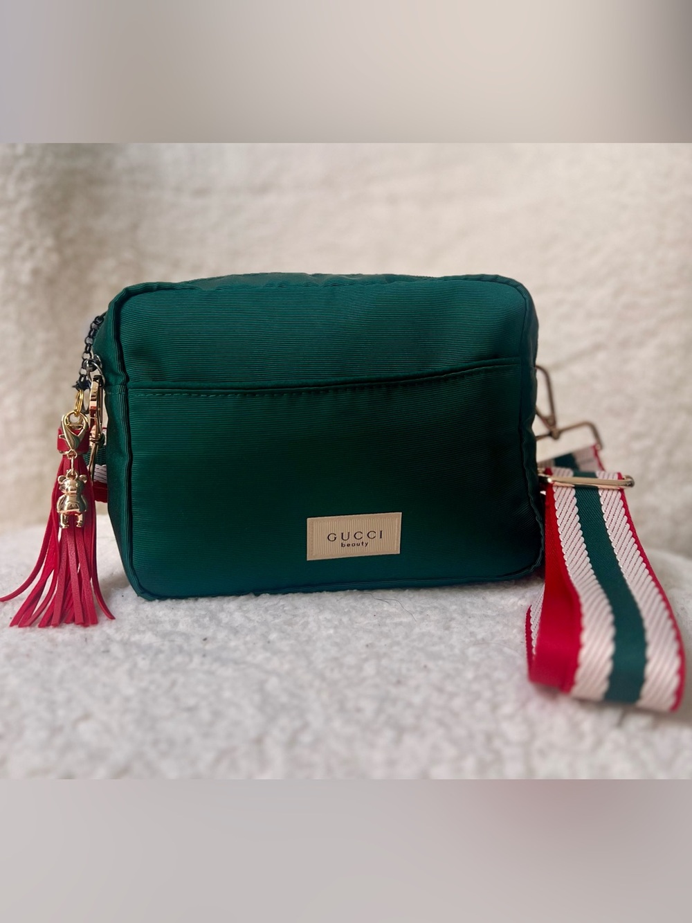 Gucci Upcycled Canvas Beauty Crossbody Bag with Charm and Removable Strap